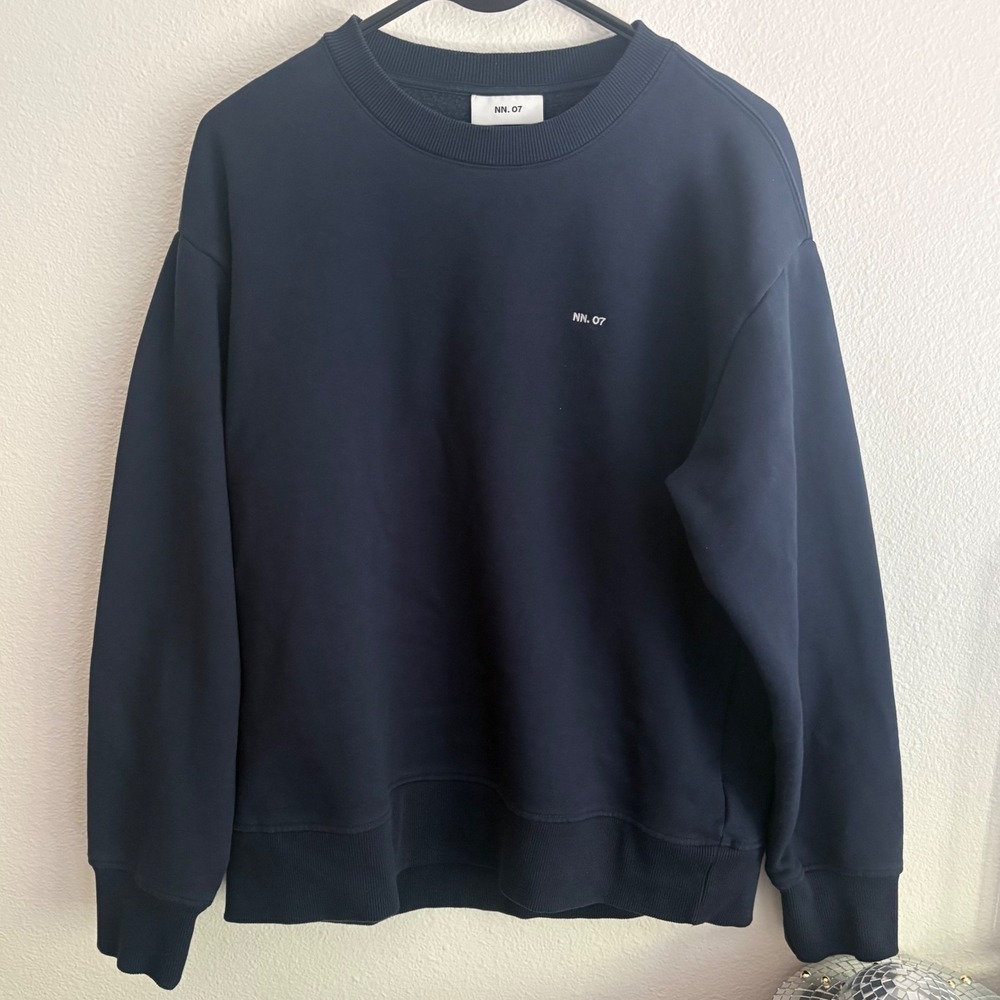 NN.07 Mens Navy Blue Logo Crewneck Sweatshirt Size Large Relaxed Fit Fleece